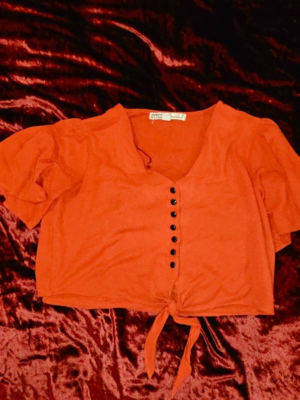 Gypsies & Moondust Rust Orange Puff Sleeve Tie Front Blouse S